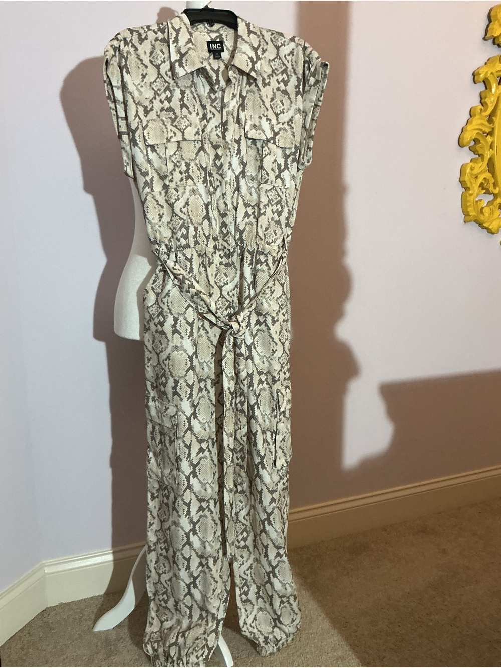 INC International Concepts Snake-Print cargo Jumpsuit in Taupe and Blac